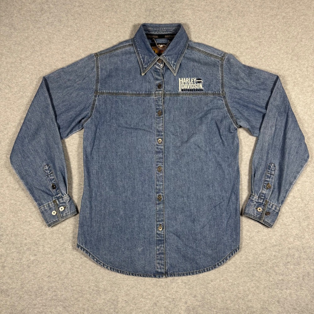 Vintage Y2K Harley Davidson Denim Shirt Women S Blue Biker Graphic